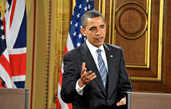 Il presidente Usa, Barack Obama, durante la conferenza stampa al G20 di Londra (Infophoto/Xinhua//Das)