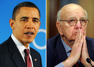 Il presidente degli Stati Uniti, Barack Obama e l'ex presidente della Fed Paul Volcker, attuale consigliere economico del presidente Usa