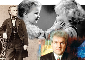 In un fotomontaggio Gottfried H. Wagner da adulto, da bambino con la sorella Eva, e un ritratto del celebre bisnonno Richard