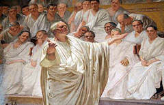 (Particolare degli affreschi: Cicerone pronuncia in Senato le celebri Catilinarie, davanti allo stesso Catilina, reo di aver ordito una congiura contro il Senato e lo Stato romano)