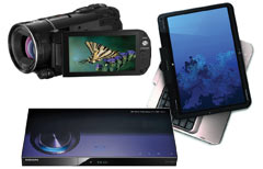 Da sinistra in alto la videocamera Canon Legria HF S21, il notebook HP TouchSmart tm2 e il lettore Blu-Ray Samsung BD-C6900